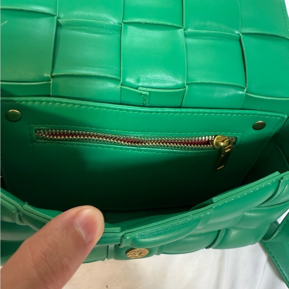 Green Woven Leather Shoulder Bag with Gold Accents - Picture 9 of 11